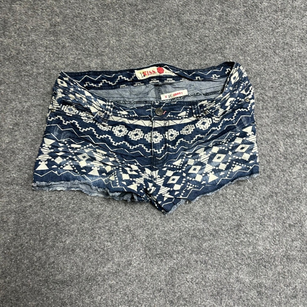 1st Kiss Denim Shorts Womens Size 11 Blue Geometric Tribal Print Raw Hem Stretch
